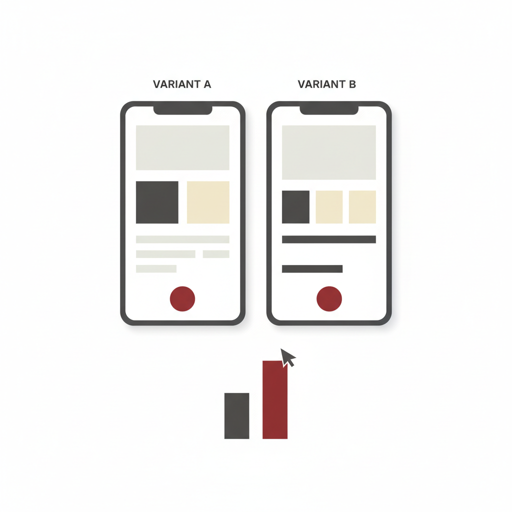 Illustration of two app screen variants side by side with a bar chart comparing them