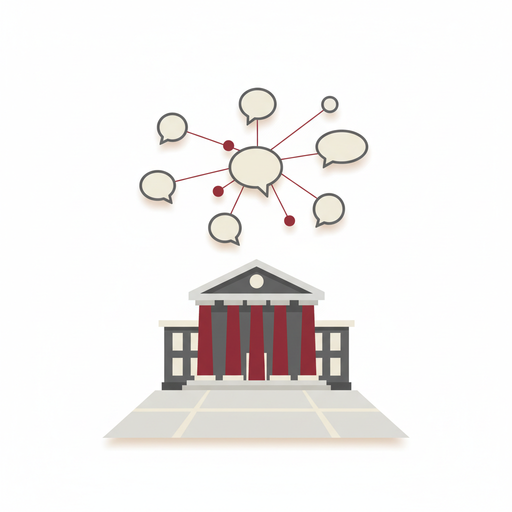 Illustration of a civic building on a town square with empty speech bubbles connected as a network above it