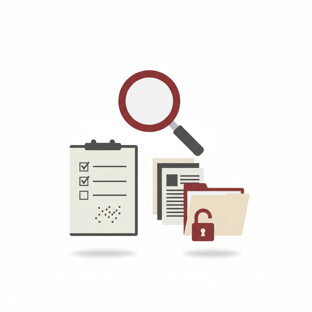 Illustration of a magnifying glass over an open lab notebook with a checklist and a data chart