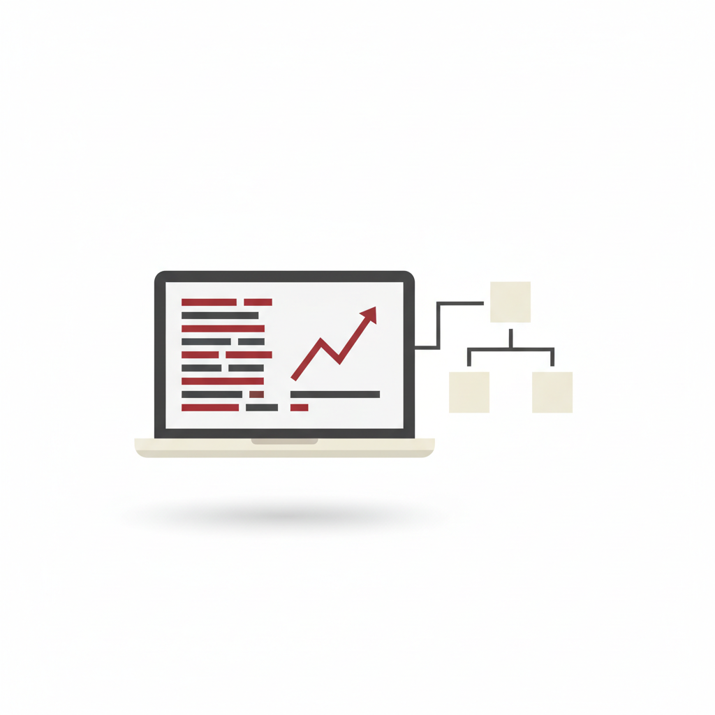 Illustration of a laptop showing code and a line chart, with a flowchart of small steps beside it