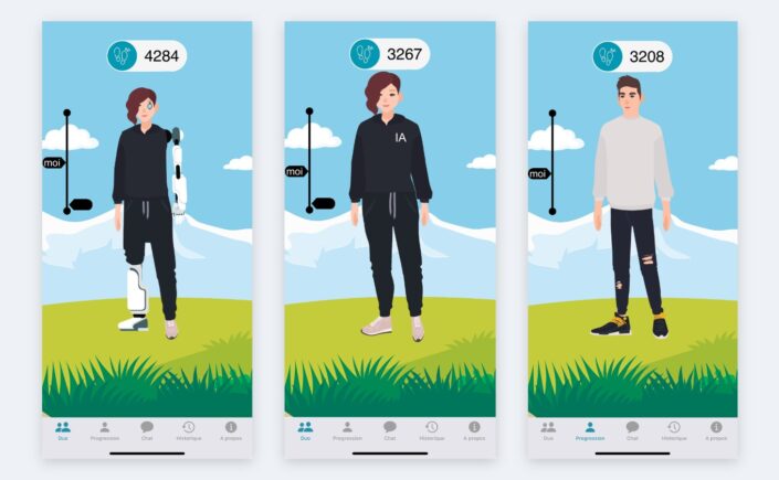 Three smartphone screens from the study app: a combined human-robot exercising peer, a human-looking AI peer, and the step-count progression view.